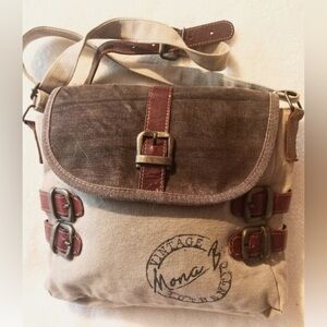 MONA B Handbag Adj. Shoulder Strap Earth Tones Distressed Canvas Brand